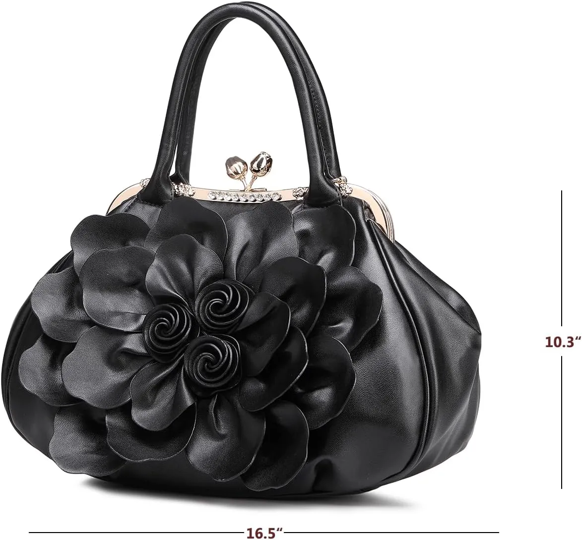 SUNROLAN Women's Handbags 3D Flower Seris Evening Bags PU Leather Rhinestone Crossbody Bag with Detachable Strap