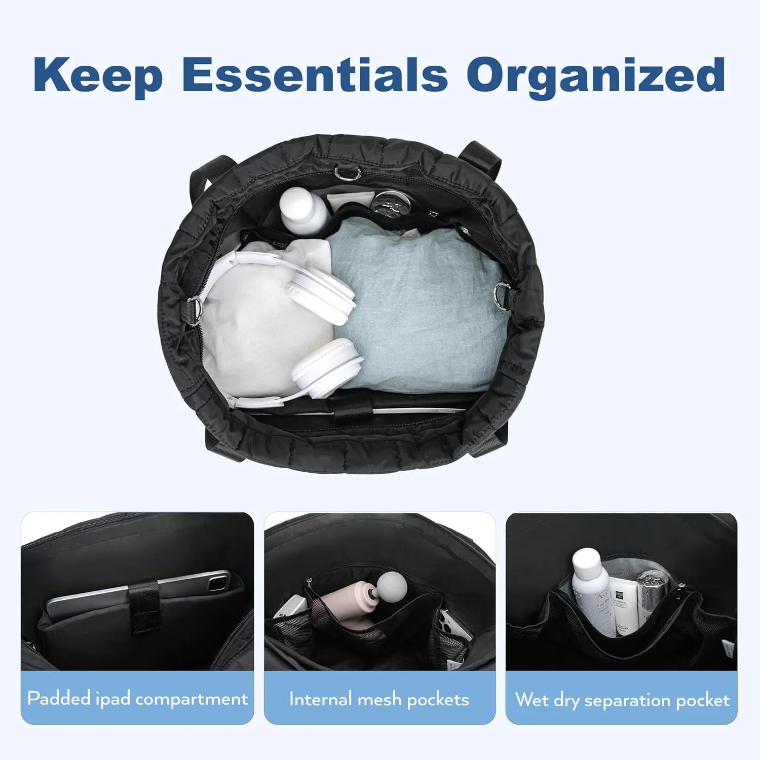 Tote Bag for Women with Zipper, Puffer Gym Tote with Yoga Mat Straps