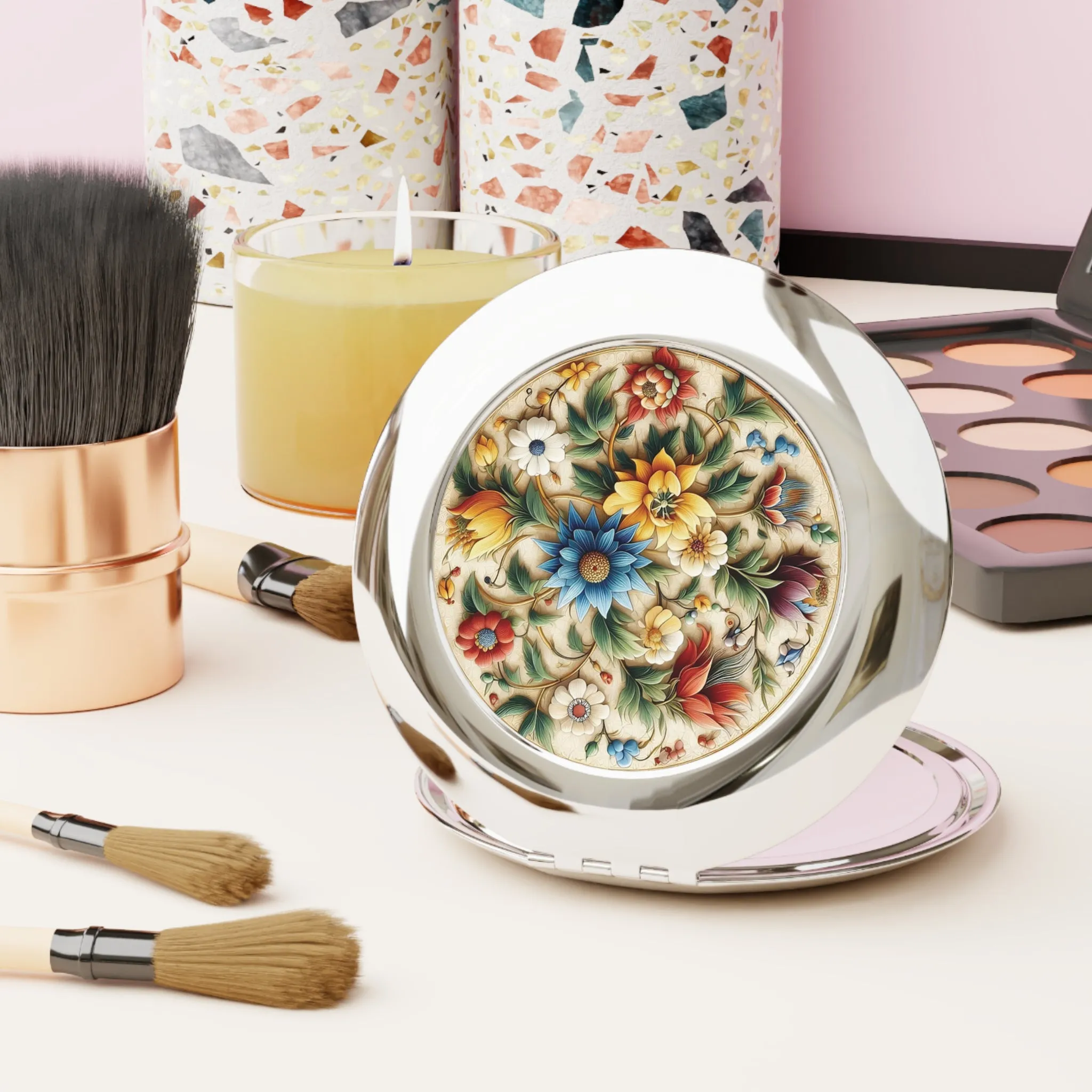 Traditional tile art flowers themed Compact Travel Mirror
