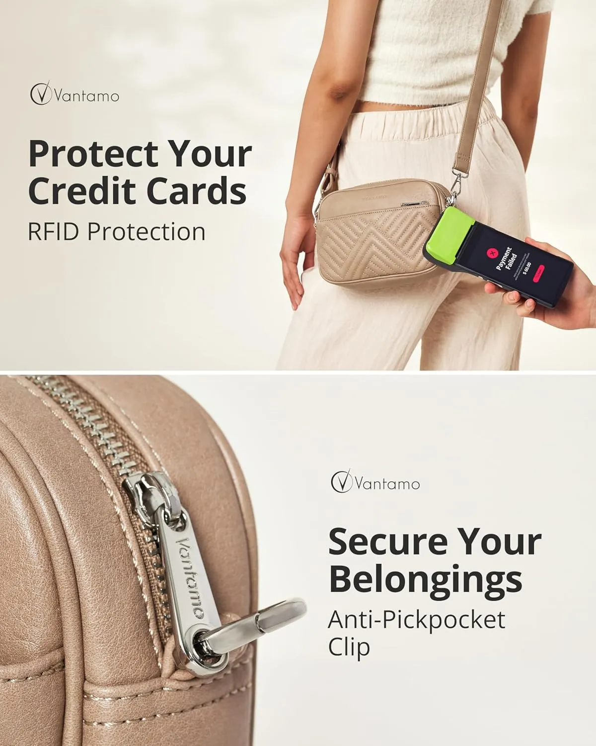 Vantamo Crossbody Bags For Women with Adjustable Strap, Premium PU Leather Purses for Women, Anti-Pickpocket Clip & Gift Box