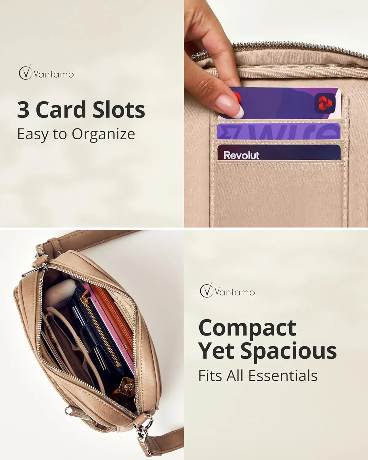 Vantamo Crossbody Bags For Women with Adjustable Strap, Premium PU Leather Purses for Women, Anti-Pickpocket Clip & Gift Box