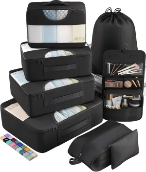 Veken 8 Set Packing Cubes for Travel Essentials, Suitcase Organizer Bags Set for Luggage, Road Trip Travel Accessories in 4 Sizes (Extra Large, Large, Medium, Small), Black