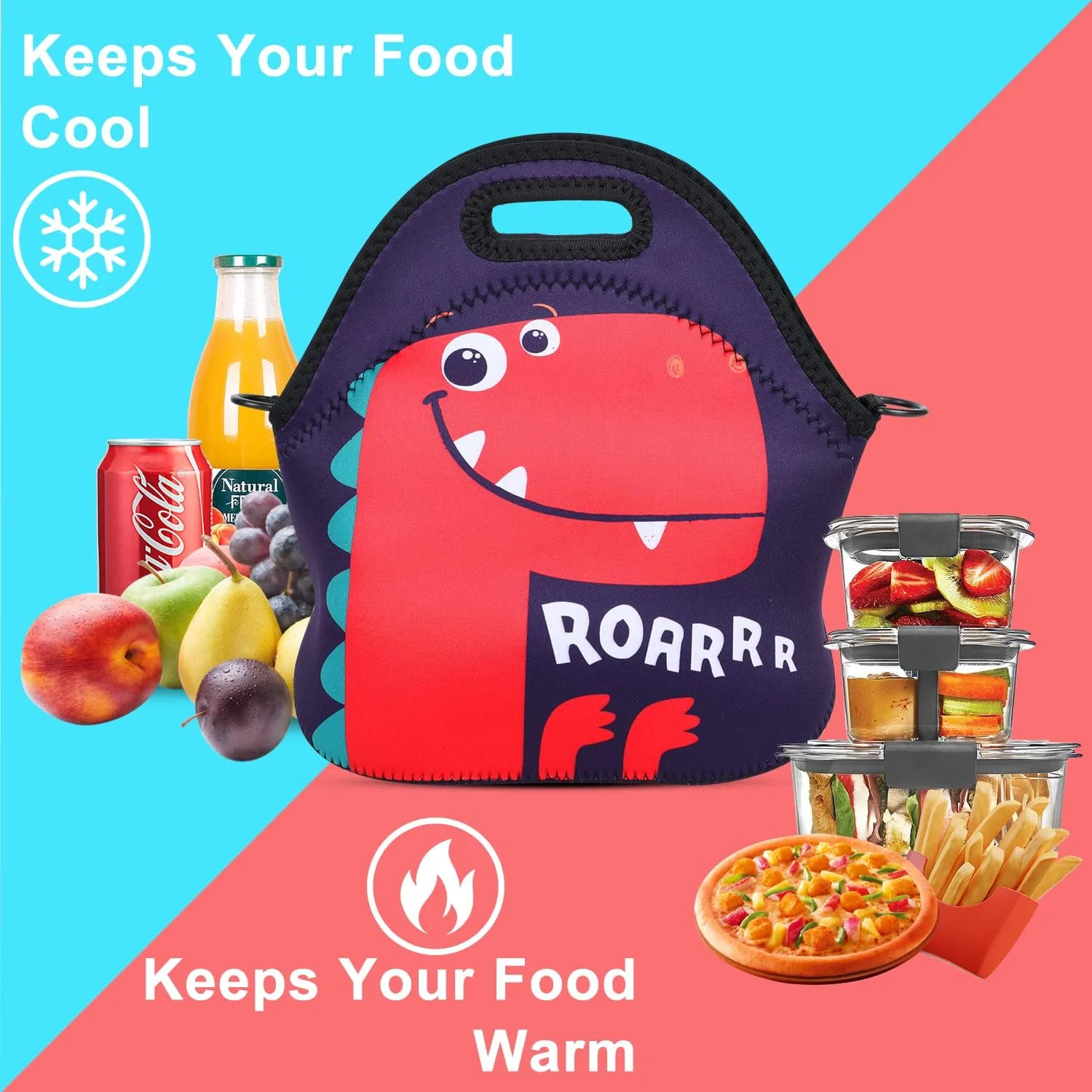 Violet Mist Neoprene Lunch Bag Reusable Insulated Lunch Box with Adjustable Shoulder Strap for Women,Men,Adults,Cute Dinosaur Cartoon Cool Animal Tote Bag Thanksgiving Christmas Gifts