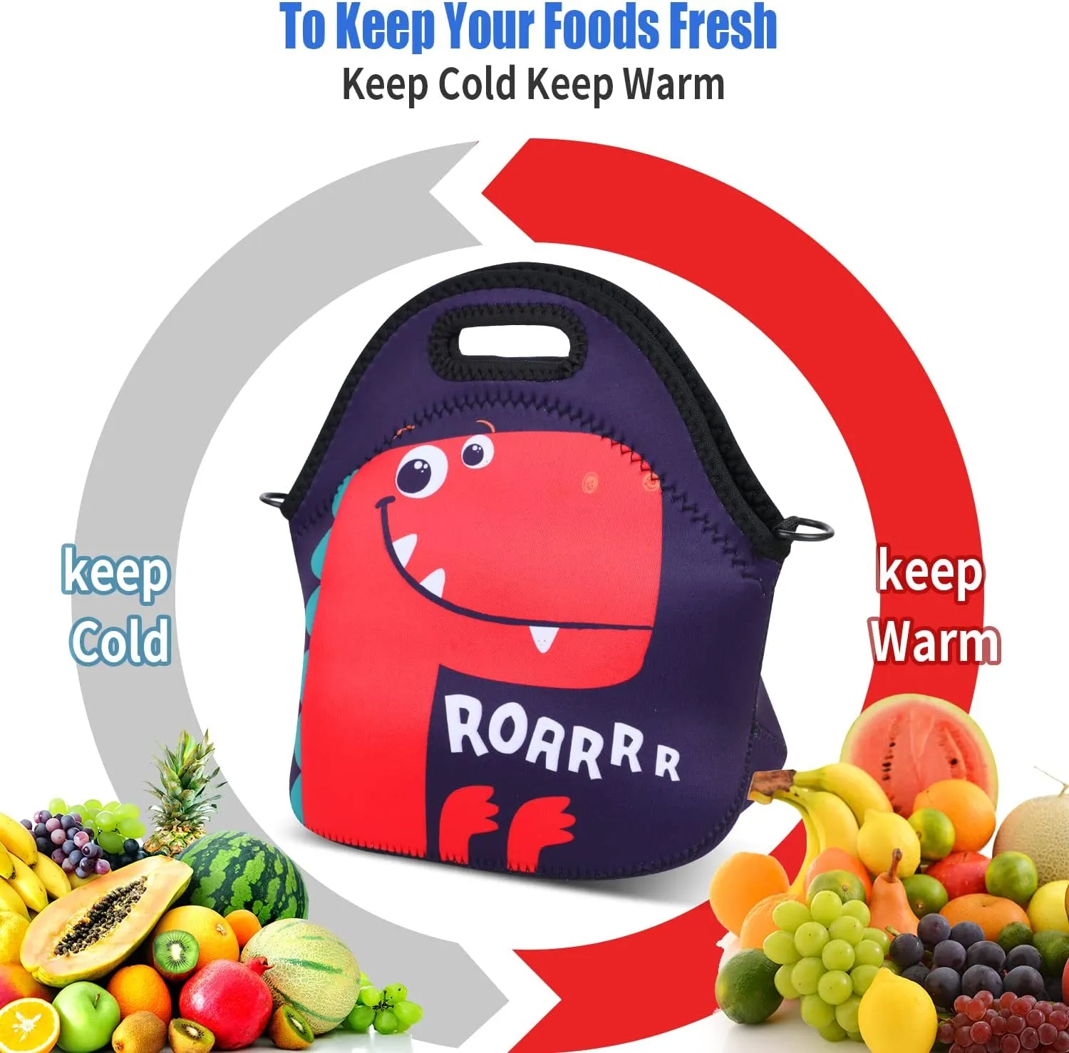 Violet Mist Neoprene Lunch Bag Reusable Insulated Lunch Box with Adjustable Shoulder Strap for Women,Men,Adults,Cute Dinosaur Cartoon Cool Animal Tote Bag Thanksgiving Christmas Gifts