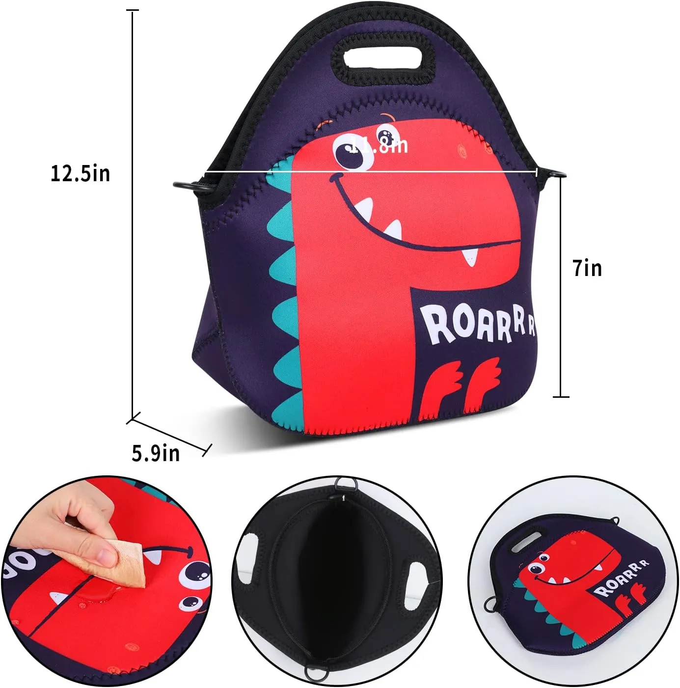 Violet Mist Neoprene Lunch Bag Reusable Insulated Lunch Box with Adjustable Shoulder Strap for Women,Men,Adults,Cute Dinosaur Cartoon Cool Animal Tote Bag Thanksgiving Christmas Gifts