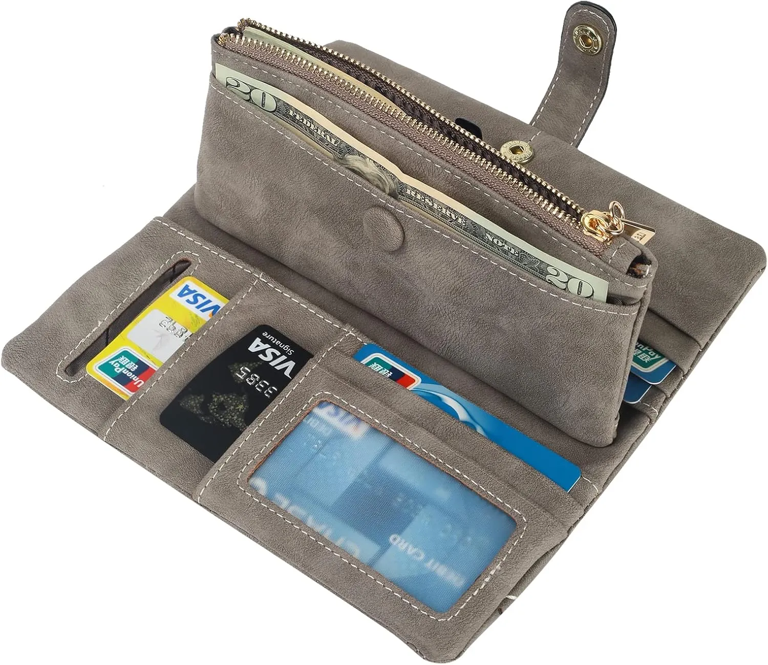 Women Vegan Leather Wallet Bifold Clutch Large Capacity Card Organizer Buckle Long Purse for Girls Candy Color